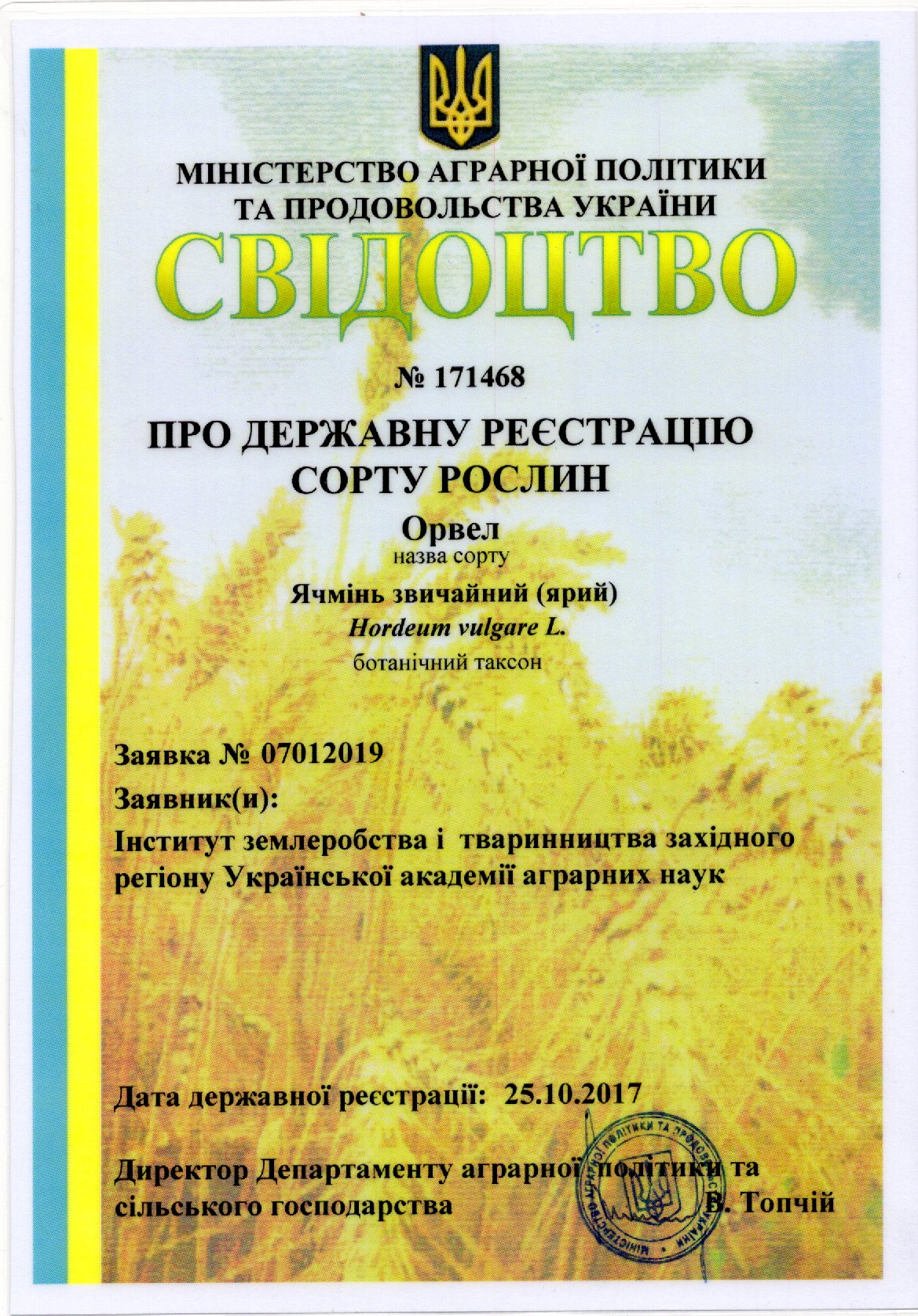 Ячмінь звичайний (ярий) СОРТ ЯЧМЕНЮ ЯРОГО ОРВЕЛ