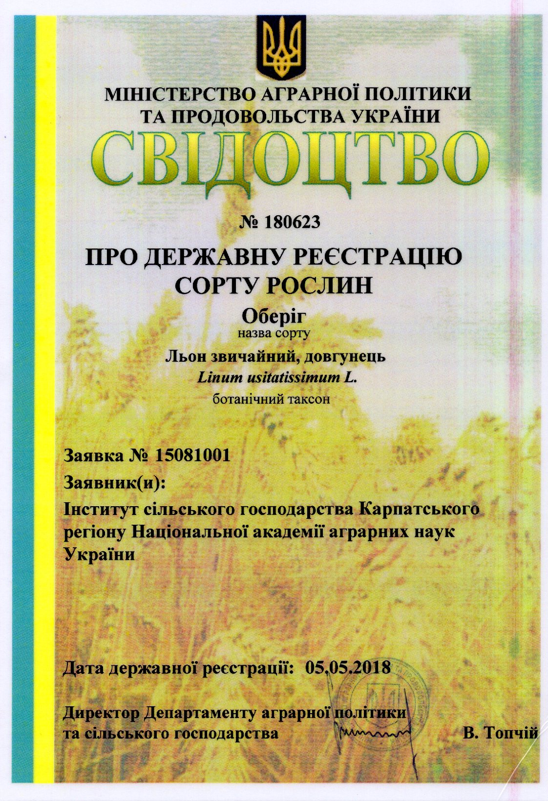 Льон звичайний, довгунець Сорт ОБЕРІГ
